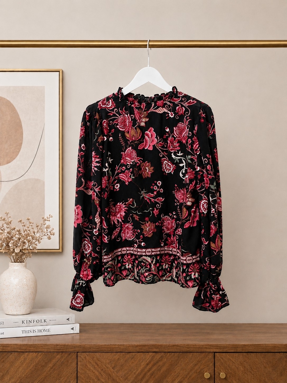 INC International Concepts Women’s XL Black Pink Floral Boho Peasant Blouse - Picture 2 of 6